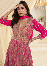 HOT PINK GEORGETTE ANARKALI GOWN WITH ALL-OVER ZARKAN EMBROIDERY
