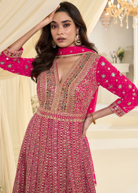HOT PINK GEORGETTE ANARKALI GOWN WITH ALL-OVER ZARKAN EMBROIDERY