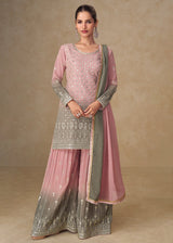 Pink & Grey Mirror Handwork Georgette Palazzo Suit