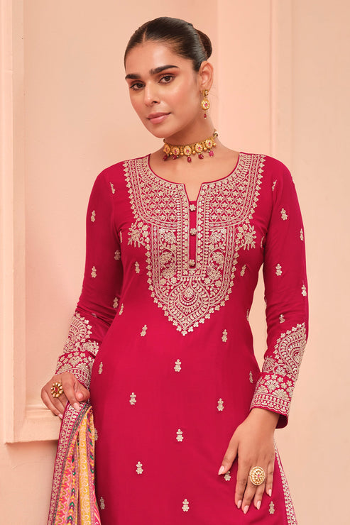 Pink Embroidered Chinon Silk Kurta