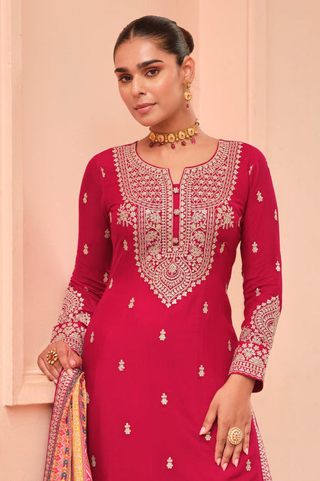 Pink Embroidered Chinon Silk Kurta