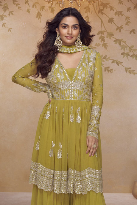 Mustard Chinon Silk With Palazzo Suit