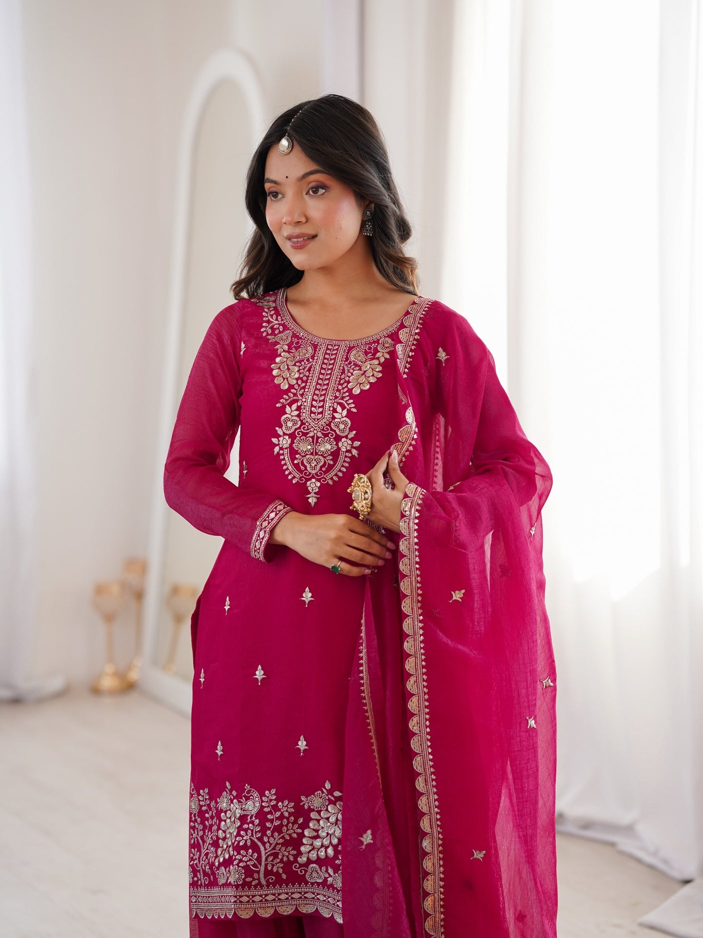 Dark Pink Embroidered Kurta With Flowy Palazzo