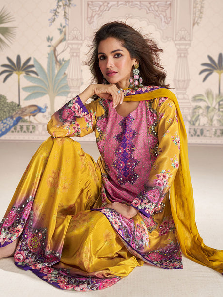 Embroidered Crepe Kurti With Plazzo & Dupatta