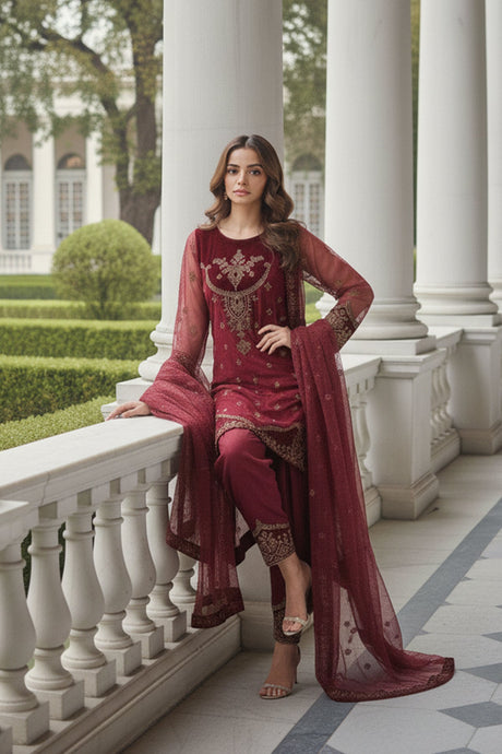 3-PC Embroidered Raw-Silk Suit by Charizma
