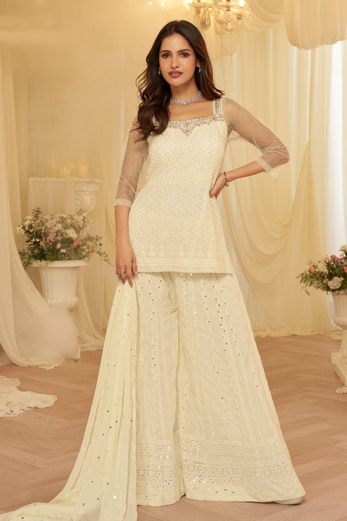 Off White  Embroidered Georgette Sharara Suit