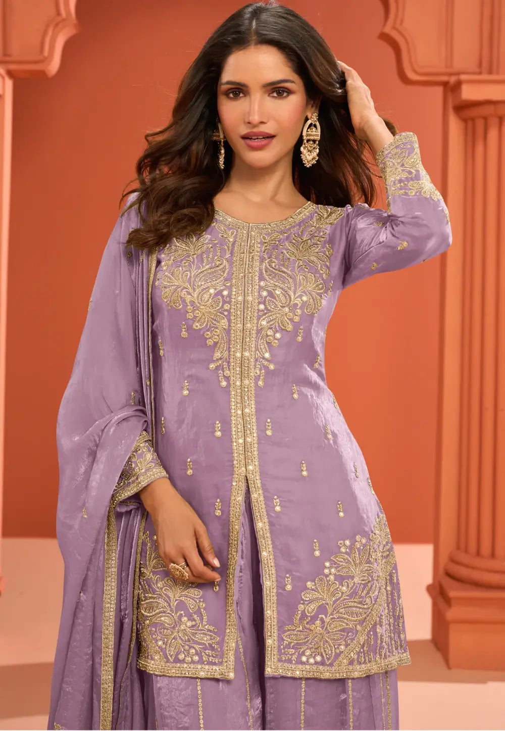 Lavender Embroidered Stylish Silk Sharara Suit