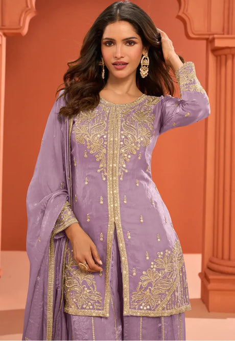 Lavender Embroidered Stylish Silk Sharara Suit