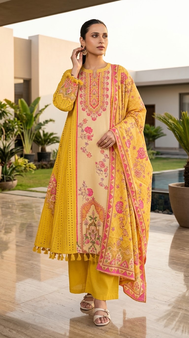 Mul Mul Cotton Embroidered 3pc Suit