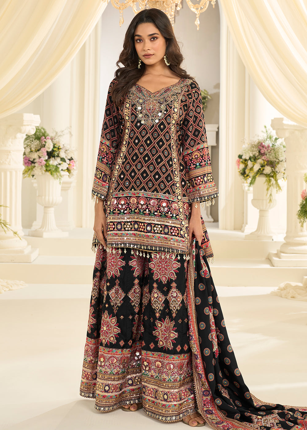 Black Crepe Silk Aari & Gota Patti Work Palazzo Style Suit