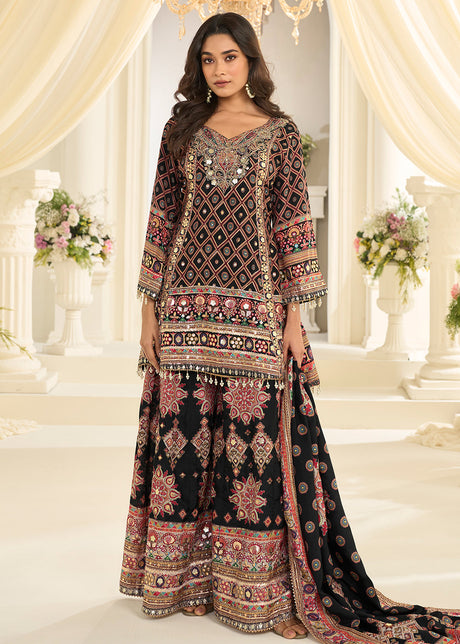 Black Crepe Silk Aari & Gota Patti Work Palazzo Style Suit