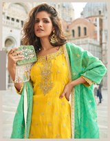 Chic Yellow Silk Embroidered Sharara Set