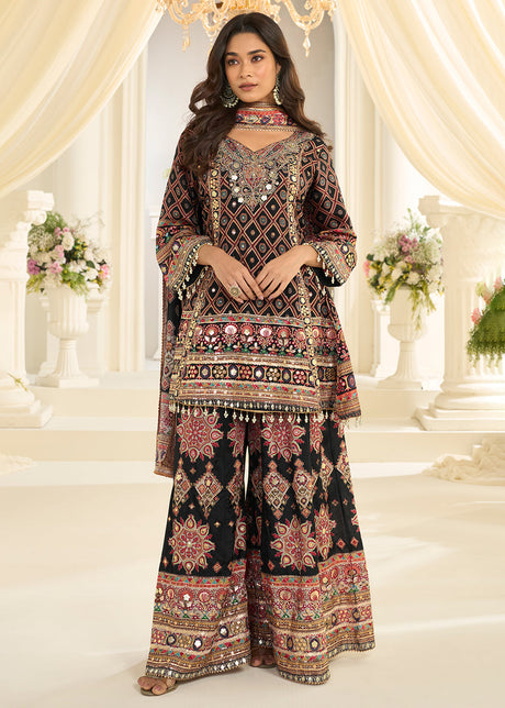 Black Crepe Silk Aari & Gota Patti Work Palazzo Style Suit