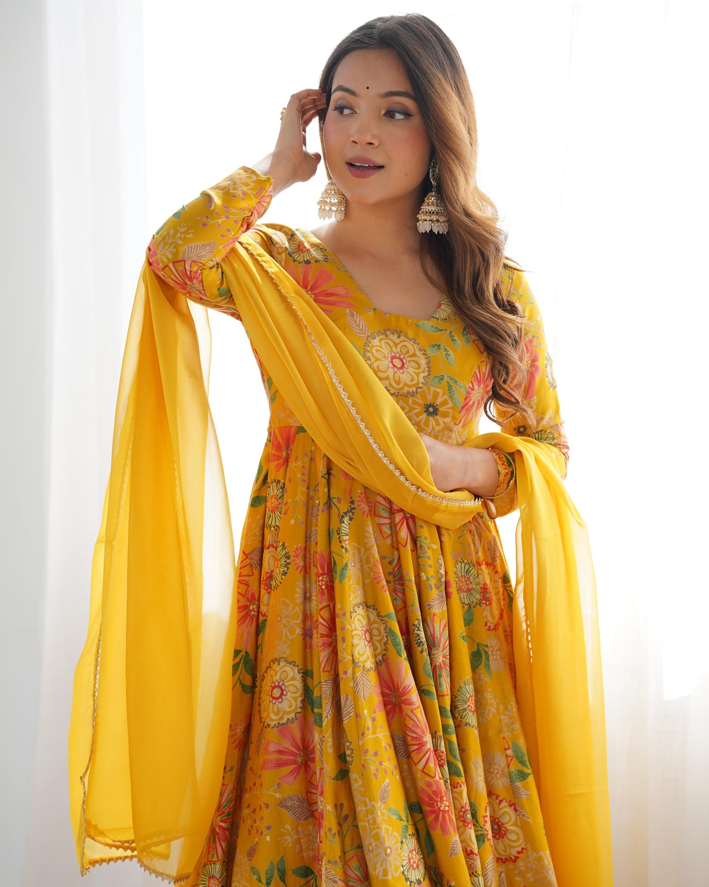 Yellow Silk Anarkali with Palazzo and Dupatta Set
