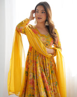 Yellow Silk Anarkali with Palazzo and Dupatta Set