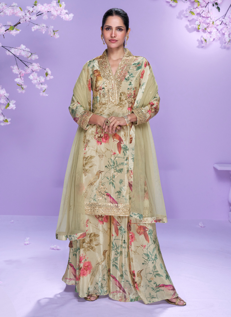 Beige Floral Chinon Silk Palazzo Suit