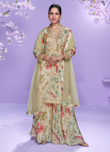 Beige Floral Chinon Silk Palazzo Suit