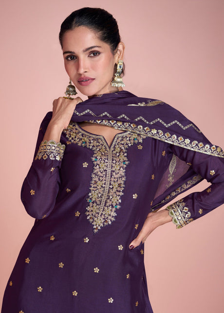 Eggplant Purple Chinon Silk Sharara Suit