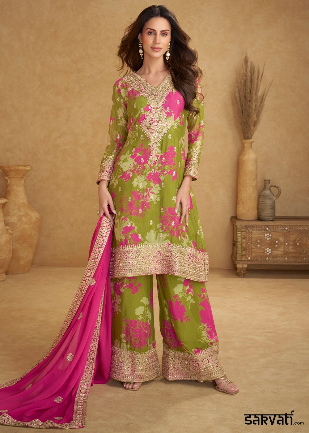 Olive Green Chinon Silk With Palazzo Suit