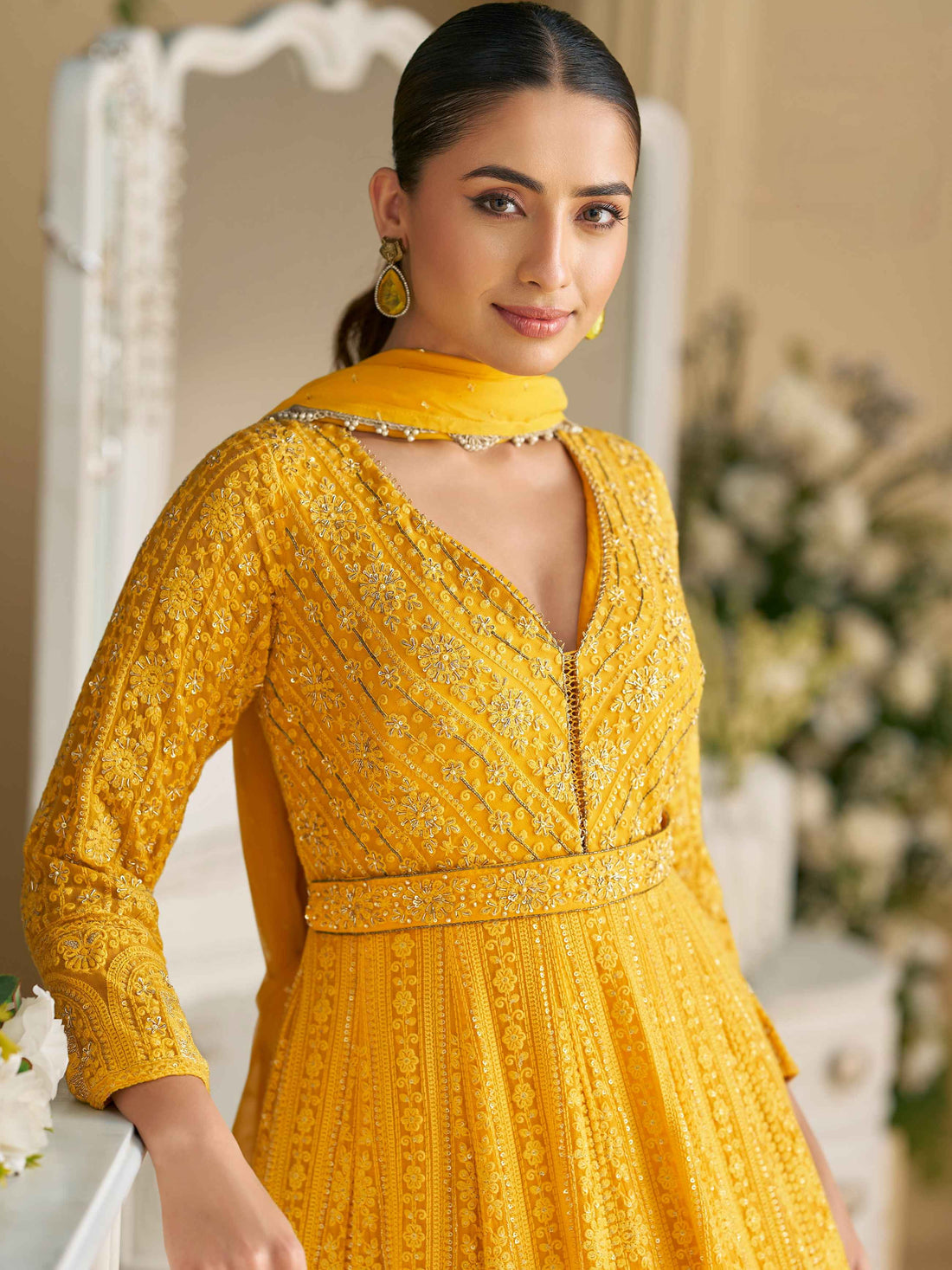Mustard Yellow Real Georgette Chikankari Anarkali Suit