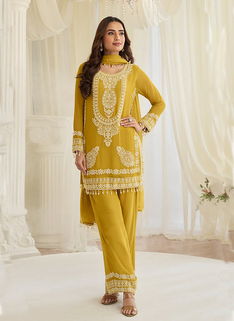 Yellow Handwork Embroidery Pant Style Suit