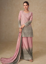 Pink & Grey Mirror Handwork Georgette Palazzo Suit