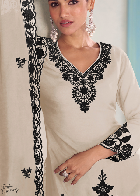 Ivory Chinon Embroidery Palazzo Suit