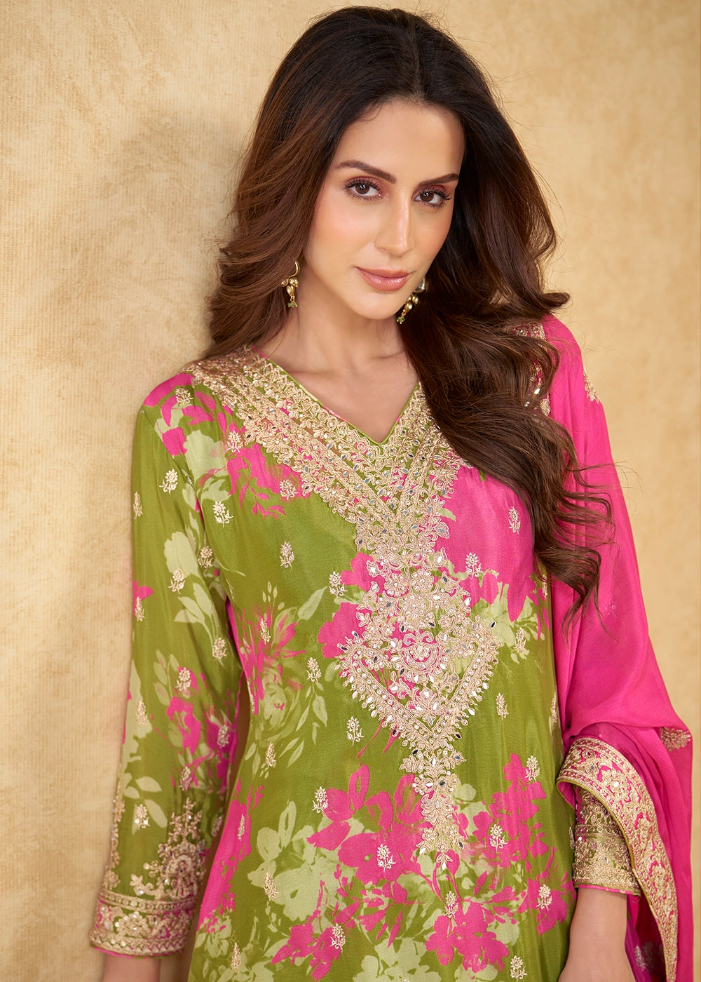 Olive Green Chinon Silk With Palazzo Suit