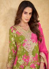 Olive Green Chinon Silk With Palazzo Suit