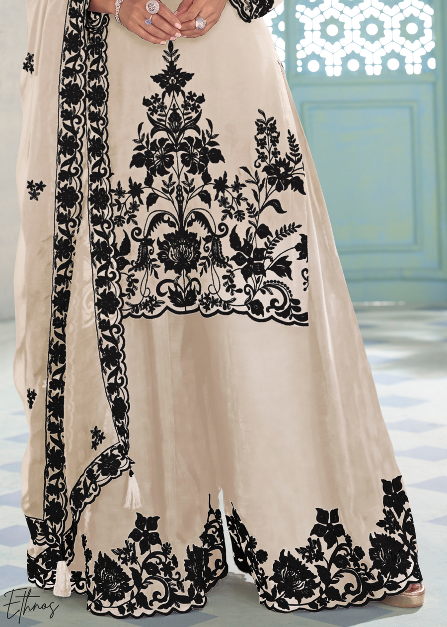 Ivory Chinon Embroidery Palazzo Suit