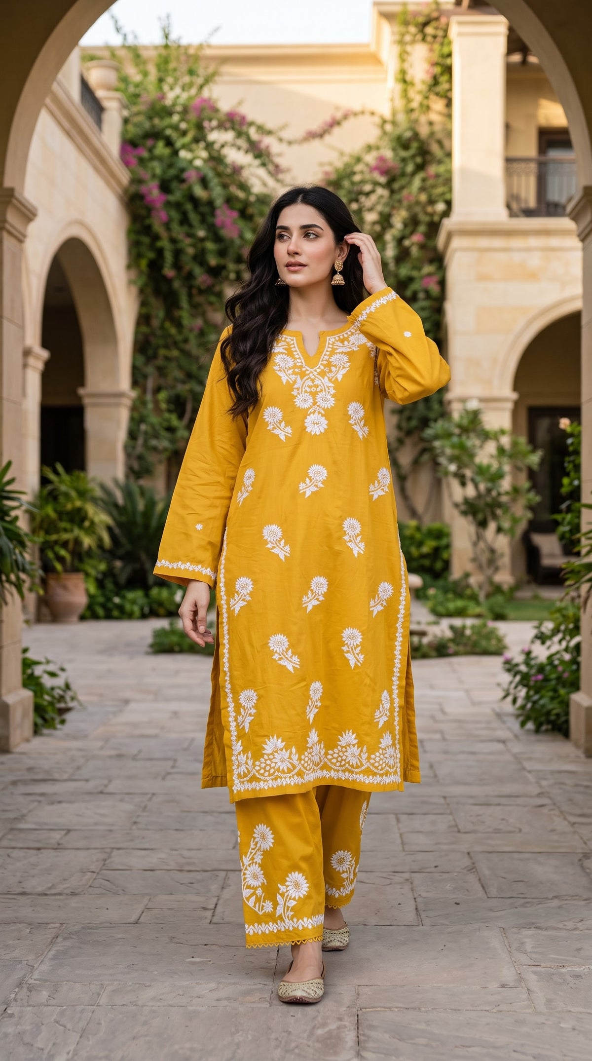 Lucknow 2pc Embroidered Co-Ord Set - Mustard Yellow - Front