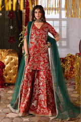 3-PC Embroidered Raw-Silk Suit By Charizma