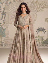 Taupe Brown Embroidered Georgette Anarkali Gown with Dupatta