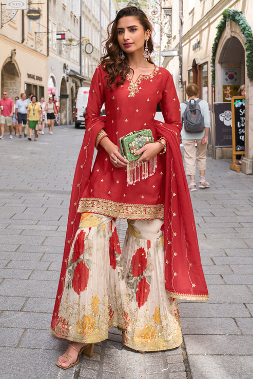 Red Embroidered Chinon Suit