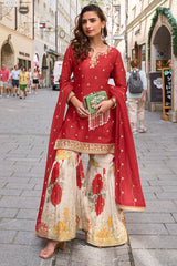 Red Embroidered Chinon Suit