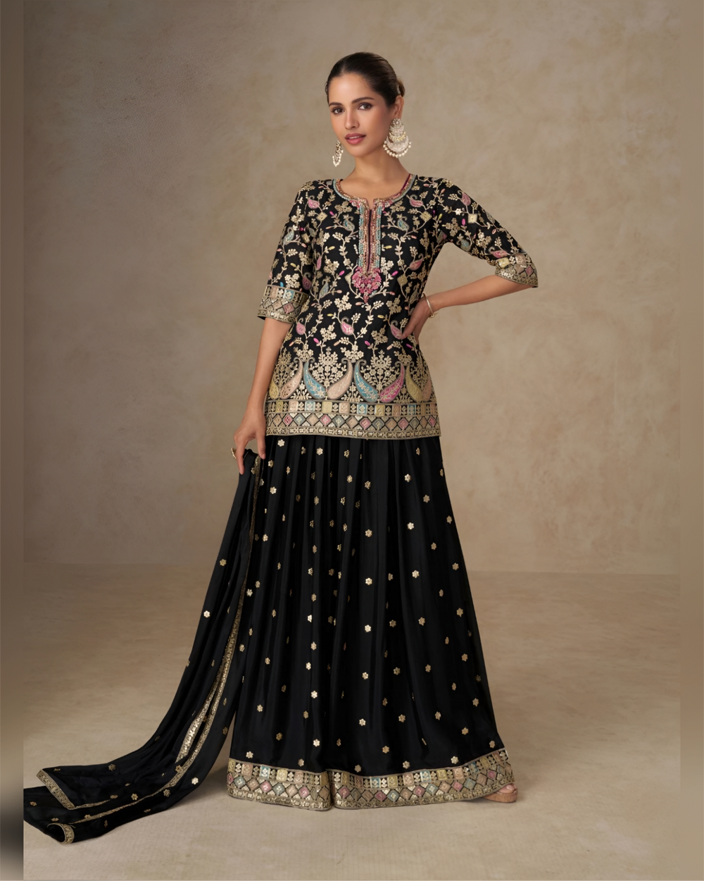 Luxury Black Chinon Embroidered  Suit