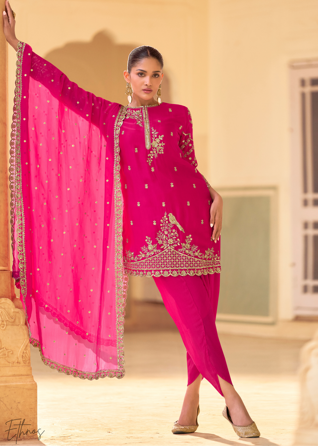 Hot Pink Crepe Silk Dhoti Suit