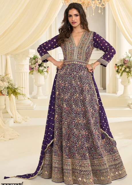 PURPLE GEORGETTE ANARKALI GOWN WITH ALL-OVER ZARKAN EMBROIDERY