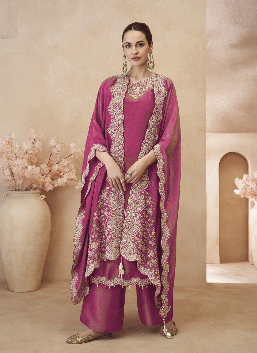 Rani Pink Designer Party Wear Embroidered Palazzo Suit