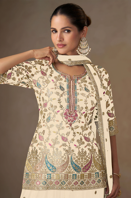 Cream White Chinon Silk Palazzo Suit