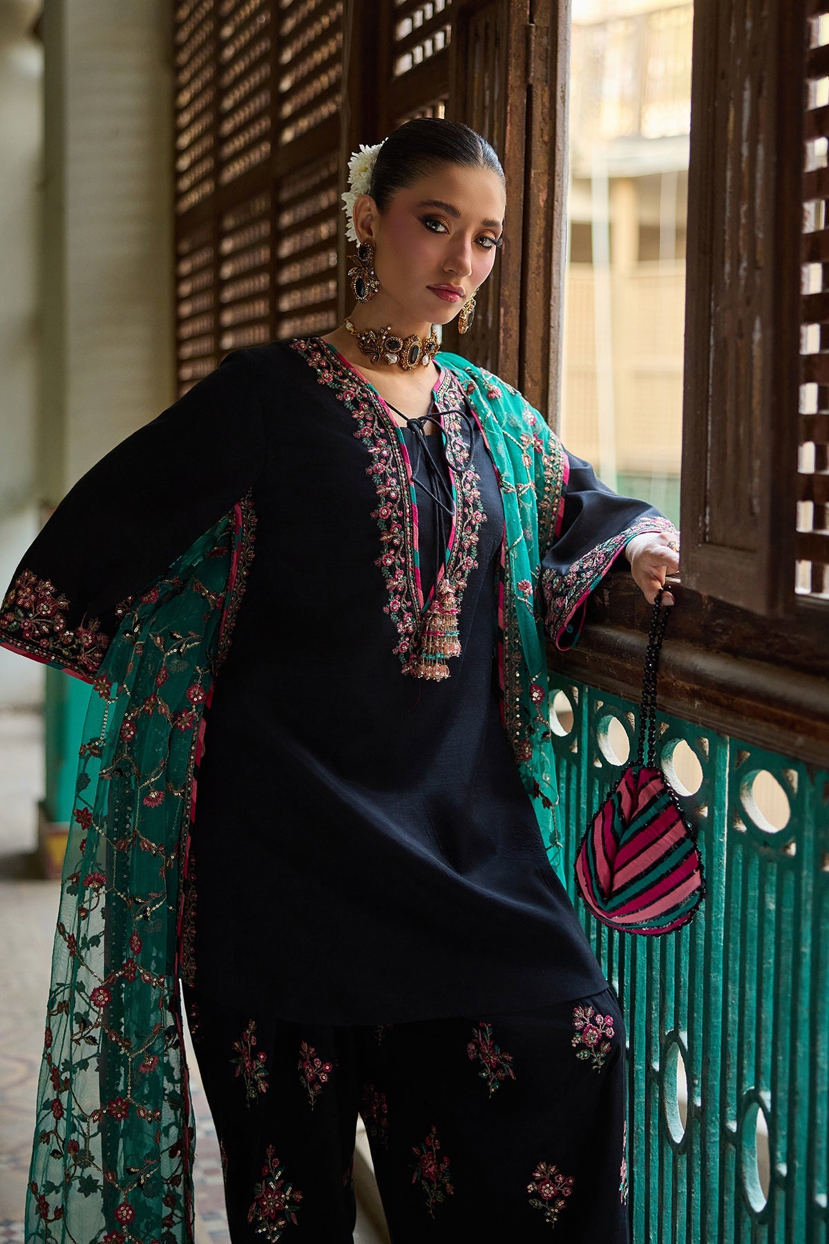 3-PC Embroidered Raw-Silk Suit By Charizma