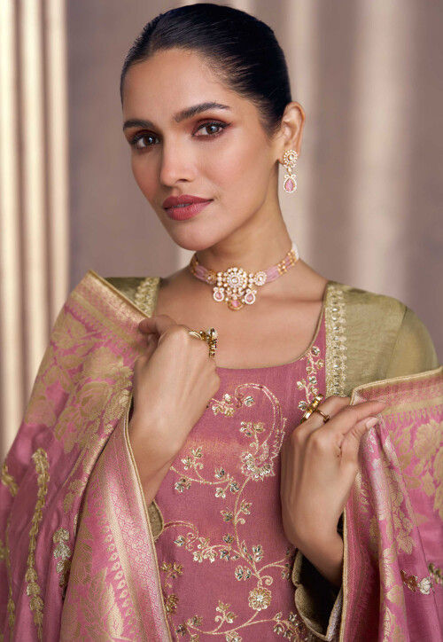 Embroidered Art Silk Suit in Dusty Green