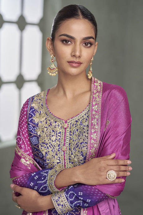 Purple Pink  Embroidered Chinon Silk Suit