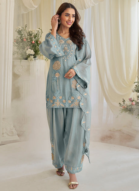 Light Blue Chinon Silk Embroidery Work Festival wear Salwar Suit
