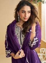 Purple And Cream Mirror Work Embroidery Palazzo Style Suit