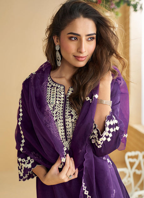Purple And Cream Mirror Work Embroidery Palazzo Style Suit