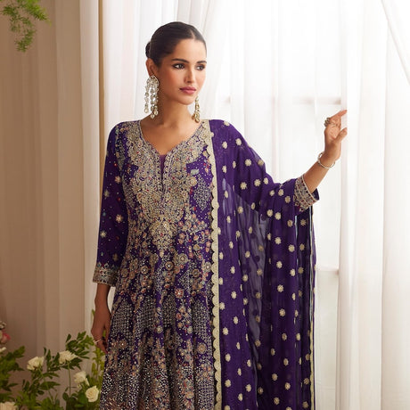 Violet Purple Embroidered Function Wear Palazzo Suit