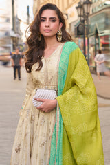 Ivory Soft Tissue Silk Anarkali Dress with Green & Aqua Bandhani Dupatta