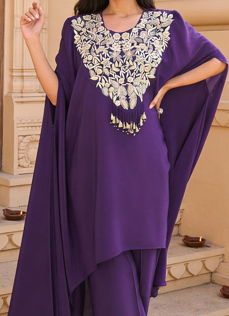 Purple Crepe Silk Zari Beads Sequins Zardosi