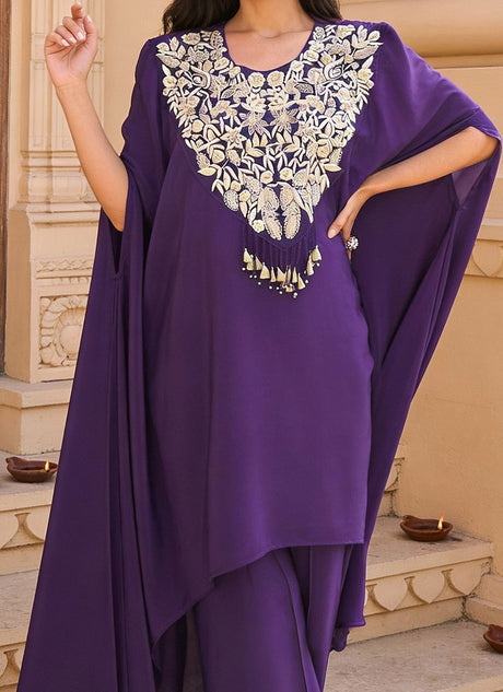 Purple Crepe Silk Zari Beads Sequins Zardosi